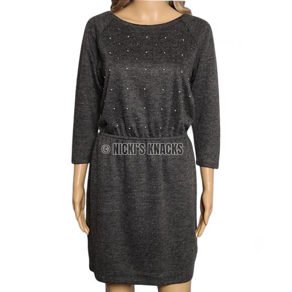 LOFT Charcoal Gray Sweater Dress Rhinestone Pearl Embellished 3/4 Sleeve Size XS - Picture 3 of 10